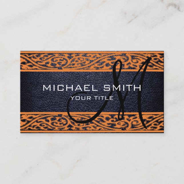 Black Leather Orange Damask Border Business Card (Front)