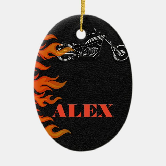 Black Leather & Orange Flames Biker Motorcycle Ceramic Tree Decoration (Front)