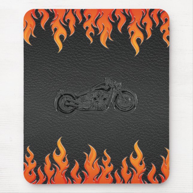 Black Leather Orange Flames Chrome Motorcycle Mouse Mat (Front)