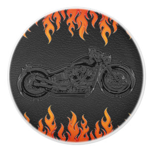 Black Leather Orange Flames Hot Fire Motorcycle Ceramic Knob