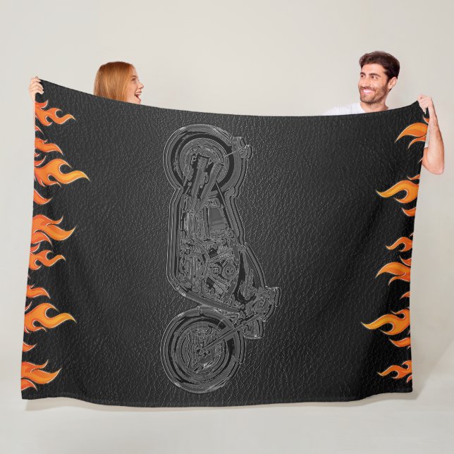 Black Leather Orange Flames Hot Fire Motorcycle Fleece Blanket (In Situ)