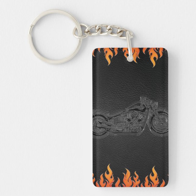 Black Leather Orange Flames Hot Fire Motorcycle Key Ring (Front)