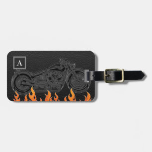 Black Leather Orange Flames Hot Fire Motorcycle Luggage Tag