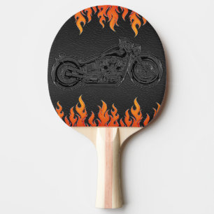 Black Leather Orange Flames Hot Fire Motorcycle Ping Pong Paddle