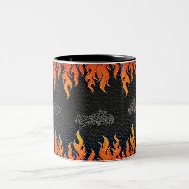 Black Leather Orange Flames Hot Fire Motorcycle Two-Tone Coffee Mug (Center)