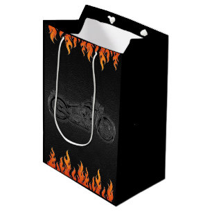 Black Leather Orange Flames Motorcycle Biker Party Medium Gift Bag