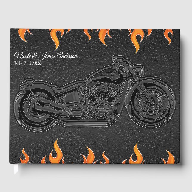 Black Leather & Orange Flames Motorcycle Wedding Guest Book (Front)