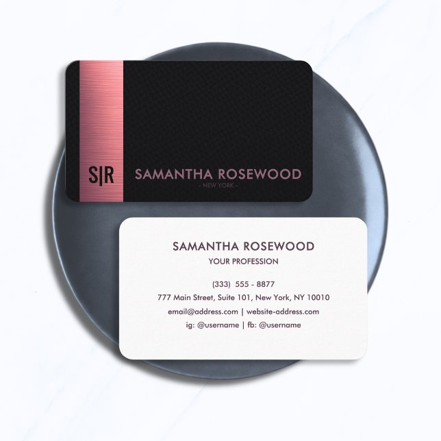 Black Leather & Pink Metallic Panel Monogram  Business Card (Creator Uploaded)