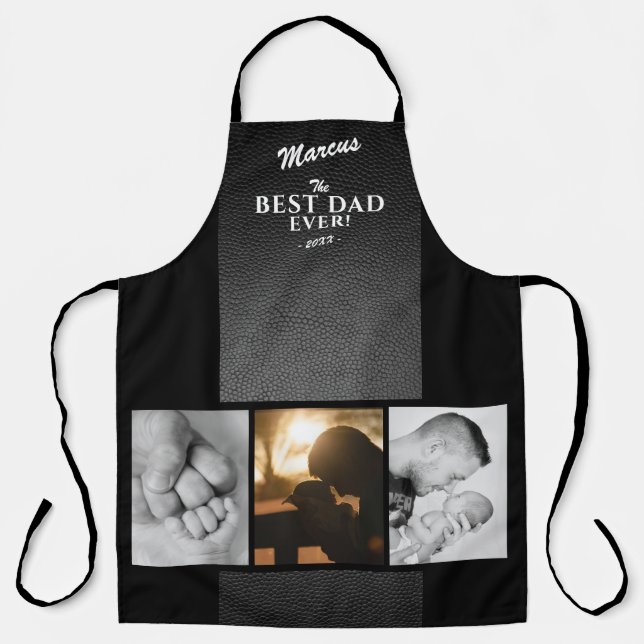 Black Leather Print Best Dad Ever 3 Photo Collage Apron (Front)