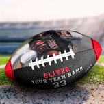 Black Leather Print Red PlayerNumber Team Photo American Football<br><div class="desc">Black Leather Print Red Player Name Number Team Photo Football. Personalise it with your photo, player`s name, number, team name and year. The text is trendy white and red typography on a black leather printed background with red stripes. You can change any text on the football or erase it. A...</div>
