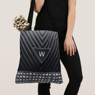 Black Leather Quilted Goemtric Pattern Name Tote  Bag