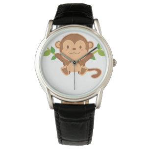 Black Leather Round Watch For Fan Of Monkey