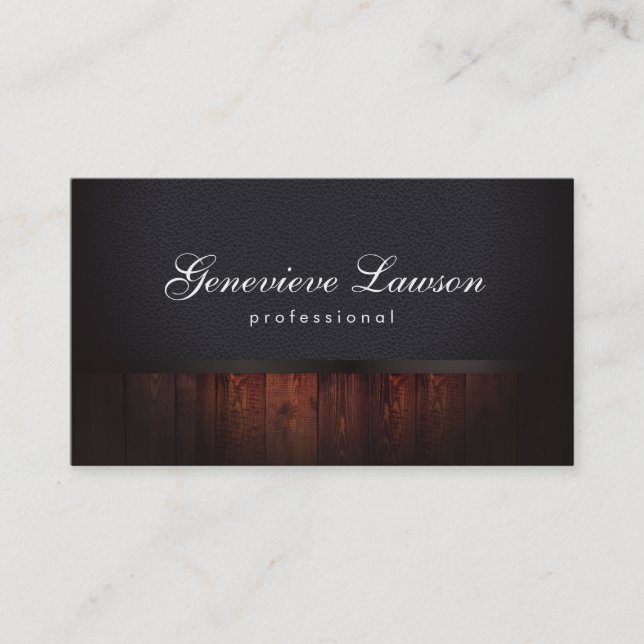 Black Leather Rustic Wood and Elegant Text Business Card (Front)