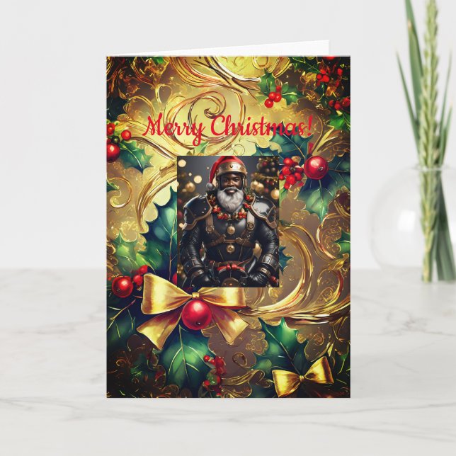 Black Leather Santa Christmas, 5" x 7" Folded Card (Front)