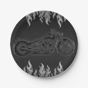 Black Leather Silver Chrome Motorcycle Biker Party Paper Plate