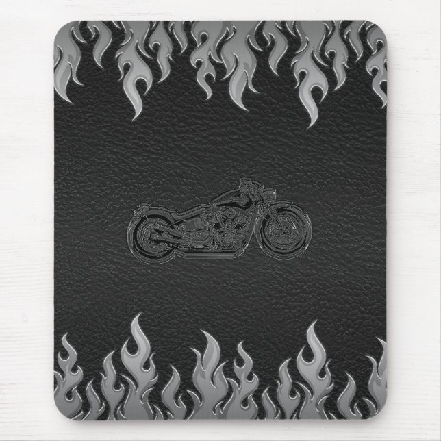 Black Leather Silver Flames Chrome Motorcycle Mouse Mat (Front)
