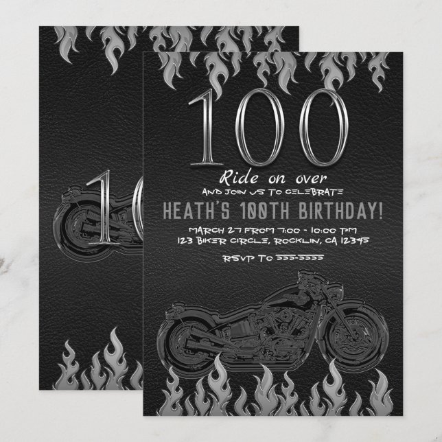 Black Leather Silver Motorcycle 100TH 100 Birthday Invitation (Front/Back)