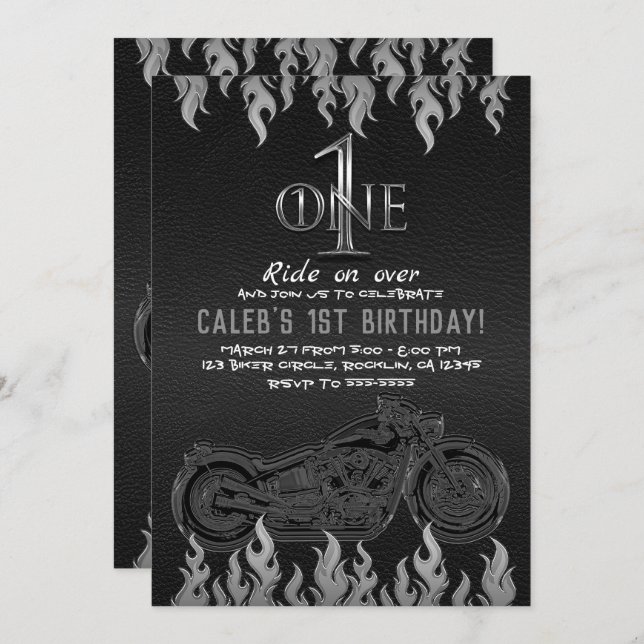 Black Leather Silver Motorcycle 1 ONE 1ST Birthday Invitation (Front/Back)