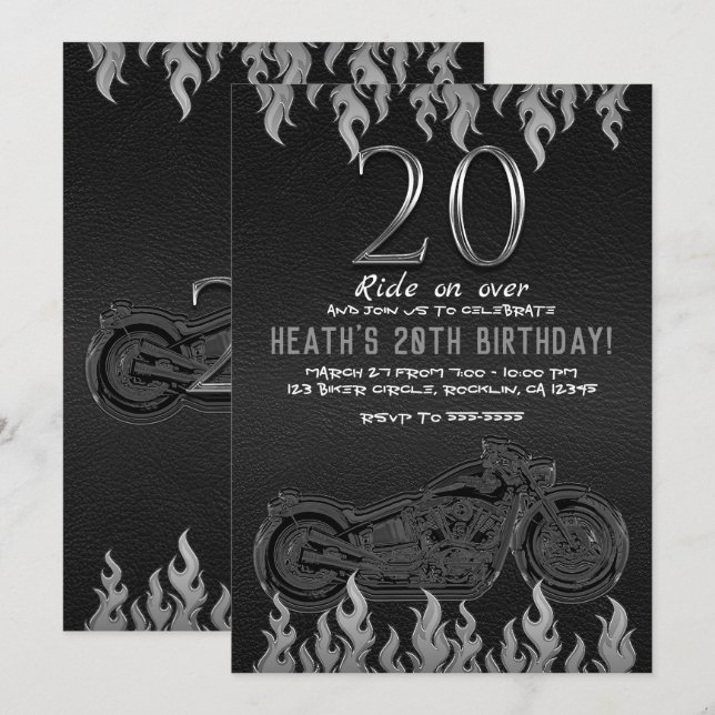 Black Leather Silver Motorcycle 20TH 20 Birthday Invitation (Front/Back)