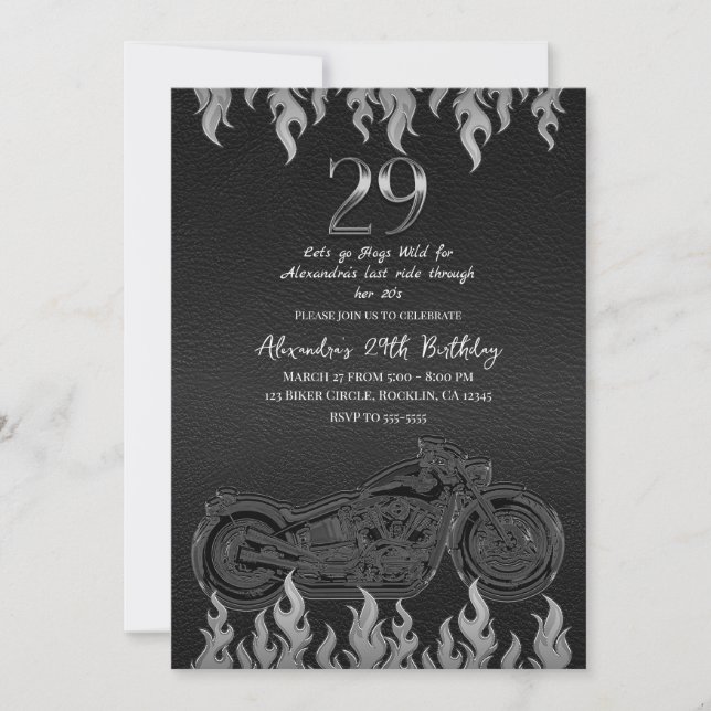 Black Leather Silver Motorcycle 29th Birthday Invitation (Front)