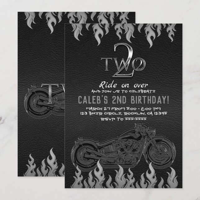 Black Leather Silver Motorcycle 2 TWO 2ND Birthday Invitation (Front/Back)