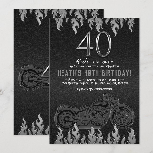 Black Leather Silver Motorcycle 40TH 40 Birthday Invitation (Front/Back)