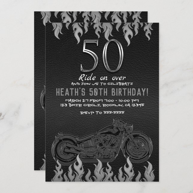 Black Leather Silver Motorcycle 50TH 50 Birthday Invitation (Front/Back)