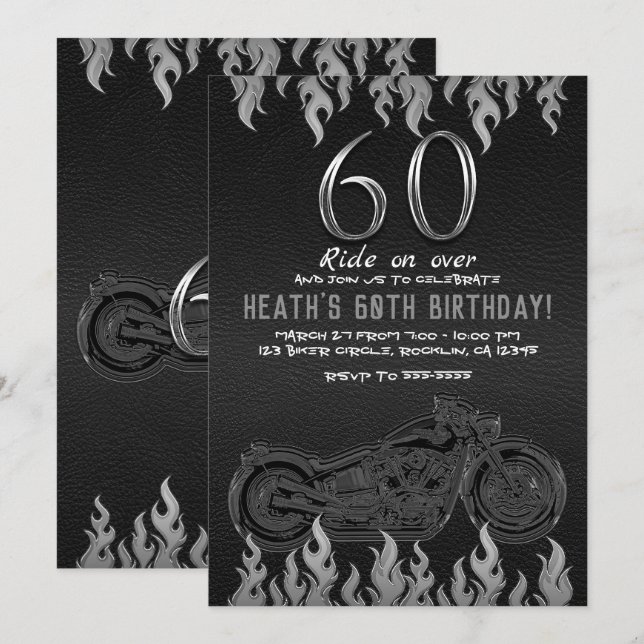 Black Leather Silver Motorcycle 60TH 60 Birthday Invitation (Front/Back)