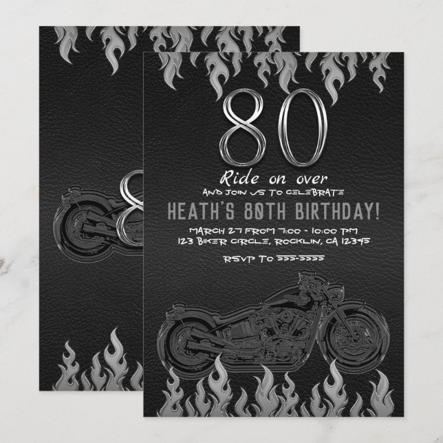 Black Leather Silver Motorcycle 80TH 80 Birthday Invitation (Front/Back)