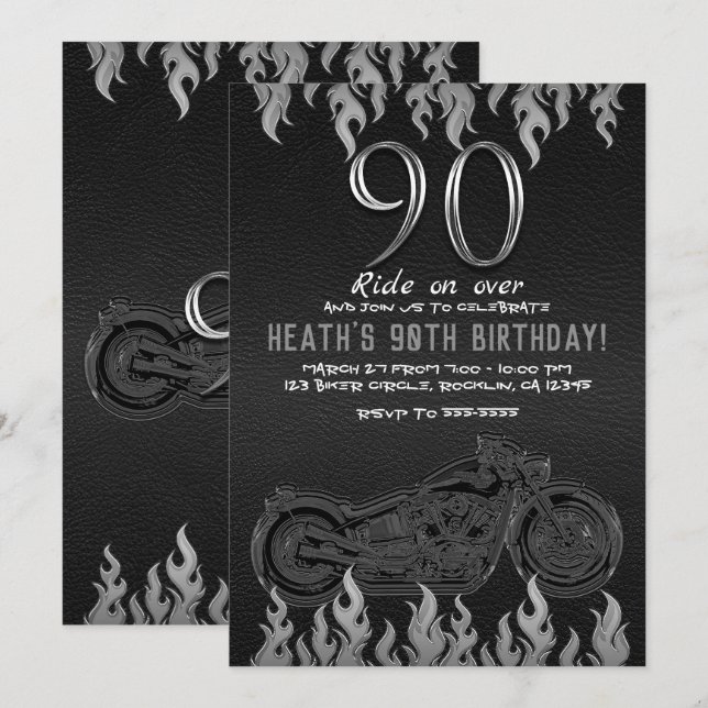 Black Leather Silver Motorcycle 90TH 90 Birthday Invitation (Front/Back)