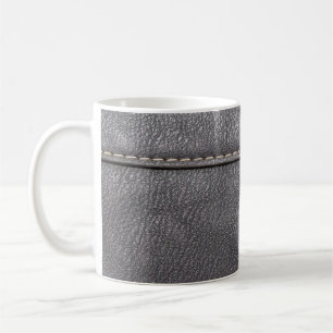 Black leather stitched with white stitching coffee mug