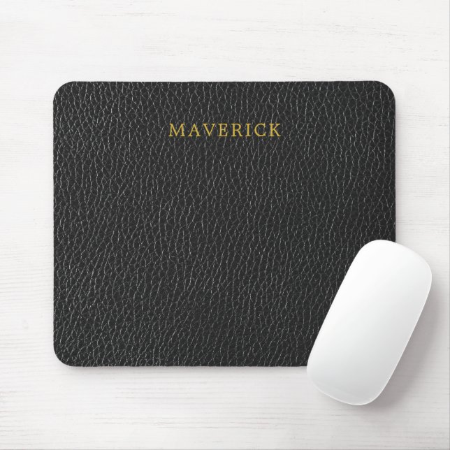 Black Leather Texture Background with Custom Name Mouse Mat (With Mouse)