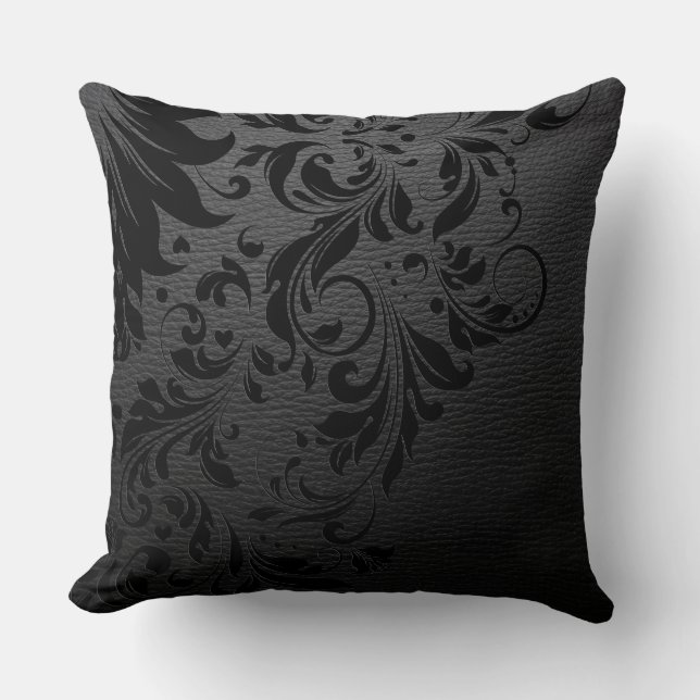 Black Leather Texture & Black Floral Lace Cushion (Front)