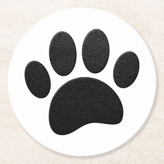 Black Leather Texture Dog Paw Print Round Paper Coaster (Front)