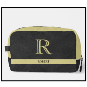 Black Leather Texture Gold Monogram Name  Dopp Kit