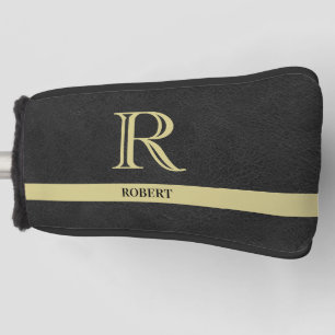 Black Leather Texture Monogram Name Gold     Golf Head Cover