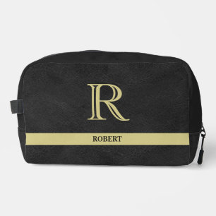 Black Leather Texture Trim Gold Monogram Name Dopp Kit