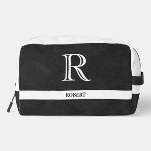 Black Leather Texture Trim White Monogram Name  Dopp Kit
