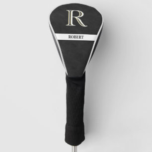 Black Leather Texture White Monogram Name  Golf Head Cover