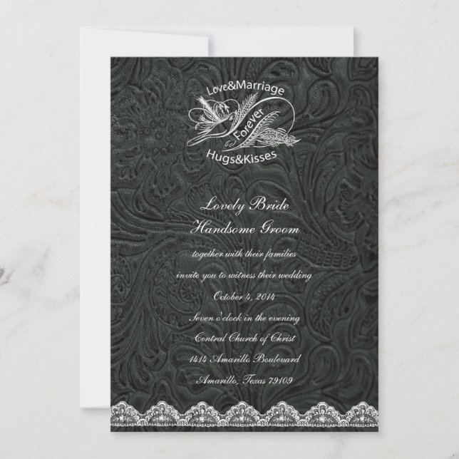 Black Leather White Dove Wedding Invitation (Front)