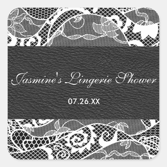 Black leather & White lace square sticker label (Front)