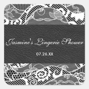 Black leather & White lace square sticker label