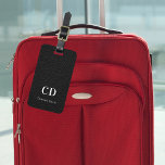 Black leather white monogram name luggage tag<br><div class="desc">Black faux leather print as background. Personalise and add your monogram letters and full name on the front. Your contact information on the back.  White text.</div>