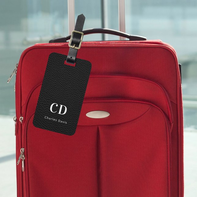 Black leather white monogram name luggage tag (Creator Uploaded)