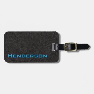 Black Leather with Blue Text Luggage Tag