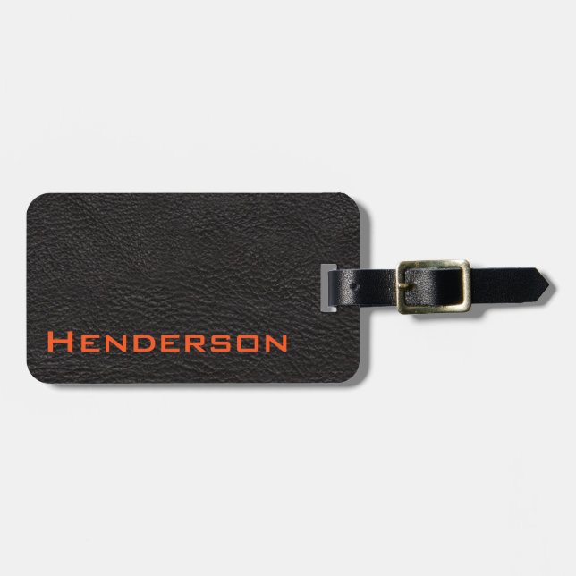Black Leather with Orange Text Luggage Tag (Front Horizontal)