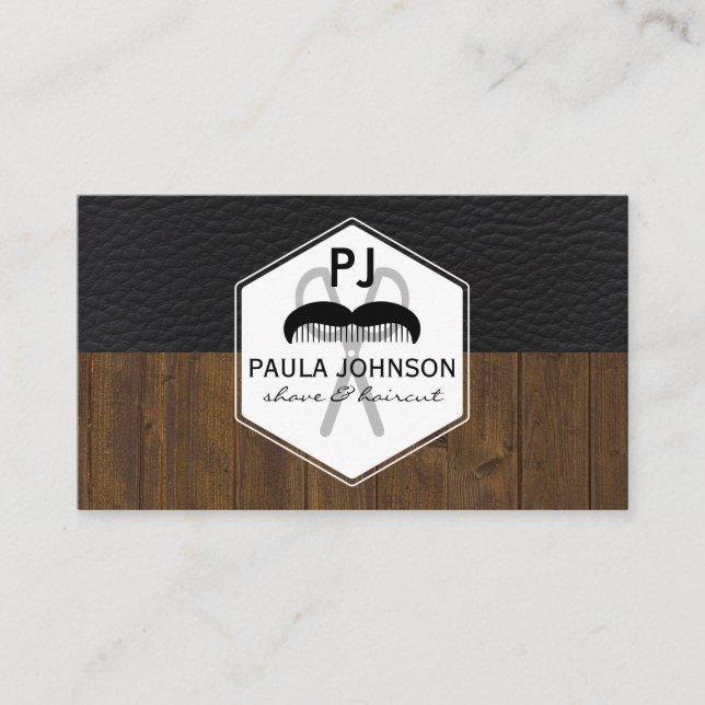 Black Leather Wood Variation Barber Monogram Business Card (Front)