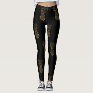 Black Leggings Gold Metallic Pineapple