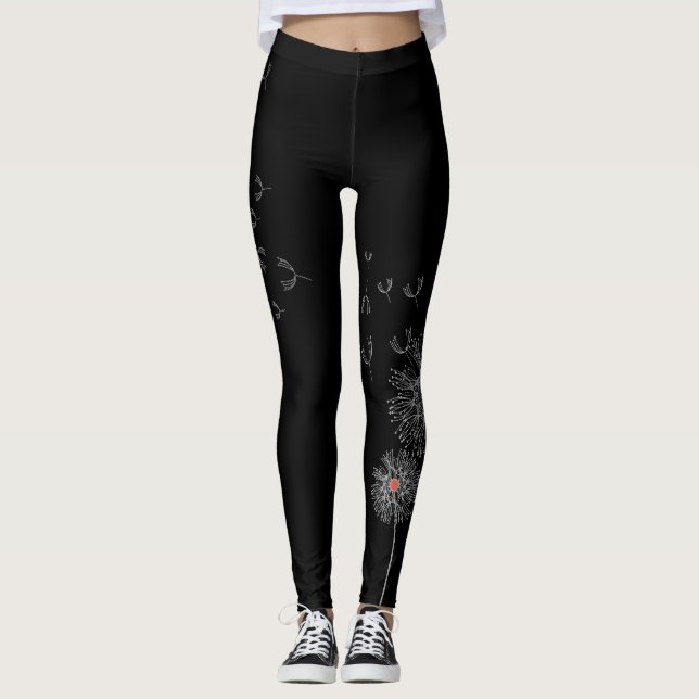 Black Leggings with Dandelion Print on One Leg (Front)