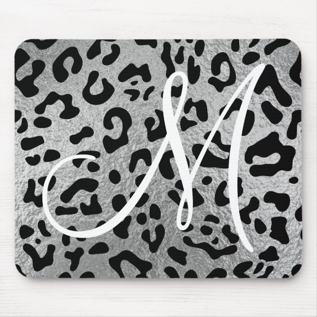 Black Leopard and Faux Silver Foil Monogram Mouse Mat (Front)